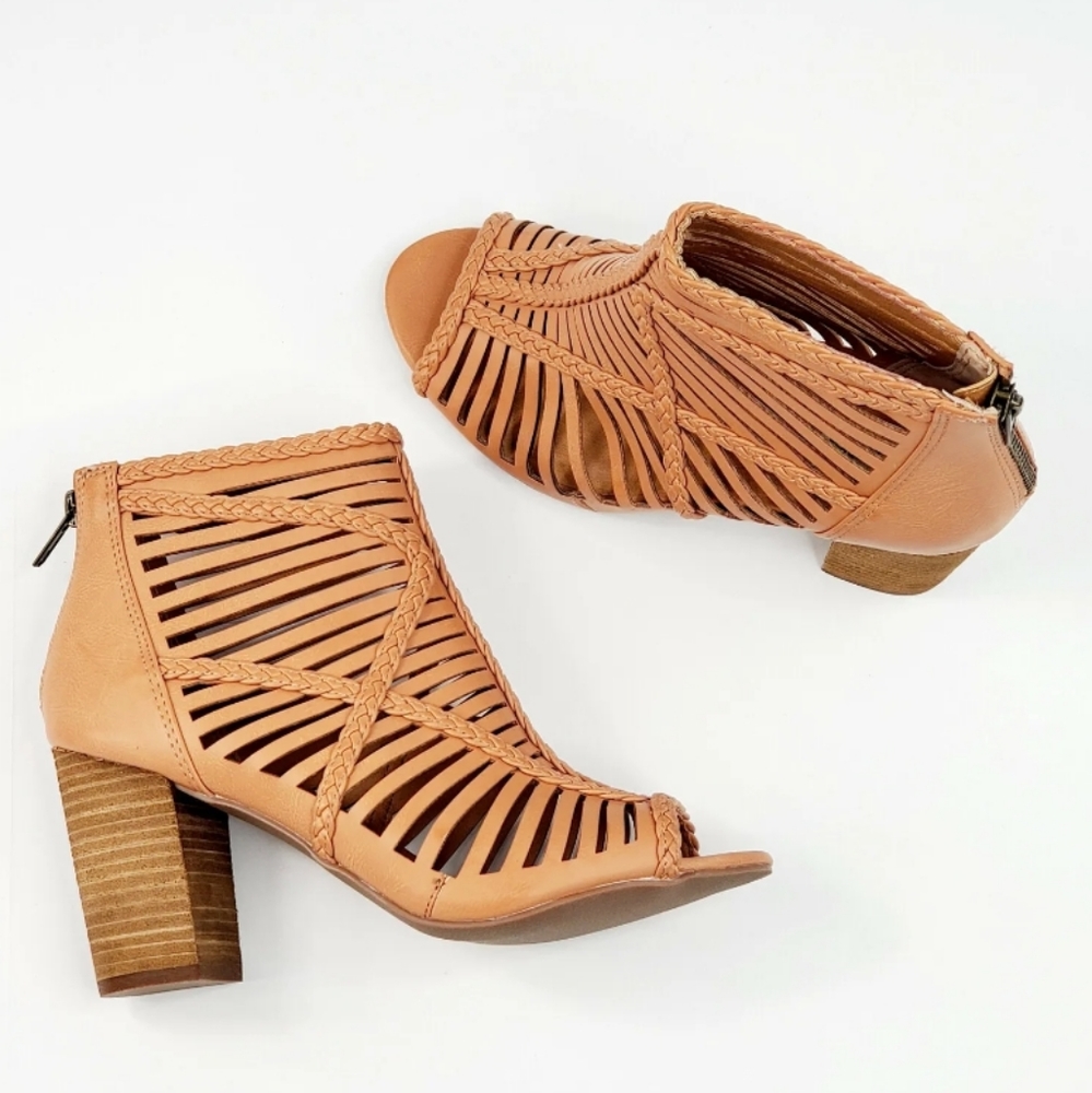 Leather Heeled Booties Braided Open Toe 'Not Rated' Back Zip Women's Size 6 - Picture 2 of 11